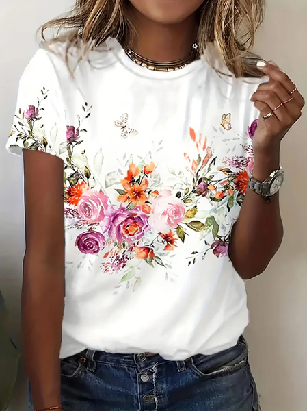 Women Floral Short Sleeve Tee T-shirt Crew Neck Printing Casual Summer Graphic Tee Top, White, T-Shirts