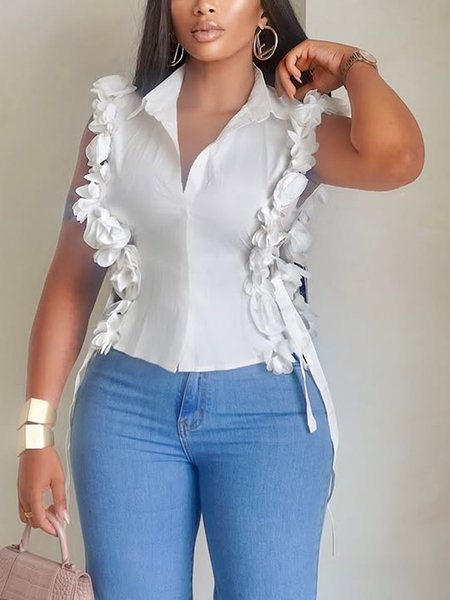 Cotton Elegant Plain 3D Floral Shawl Collar Shirt, White, Blouses and Shirts