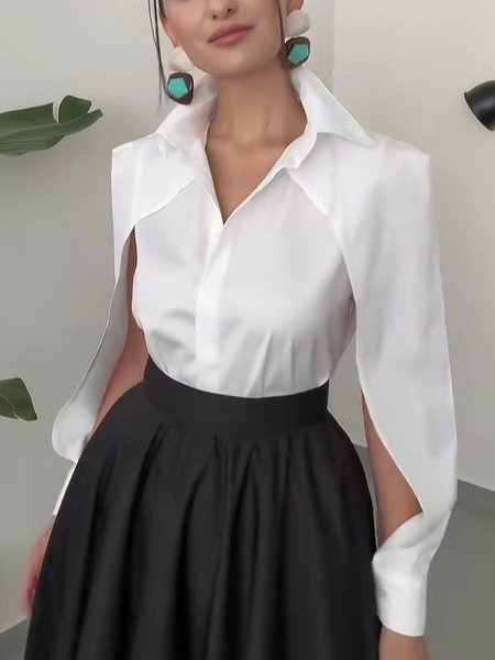 

Cotton Urban Plain Irregular Craftsmanship Shirt Collar Shirt, White, Blouses and Shirts
