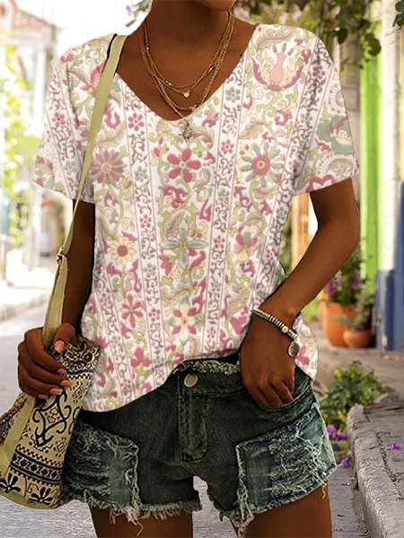 

Casual Floral V Neck Short Sleeve T-shirt, Pink, T-shirts