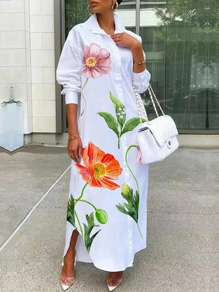 

Urban Floral Printing Shirt Collar Maxi Dress, White, Maxi Dresses