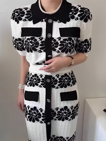 

Elegant Floral Shawl Collar Sweater, Black-white, Pullovers