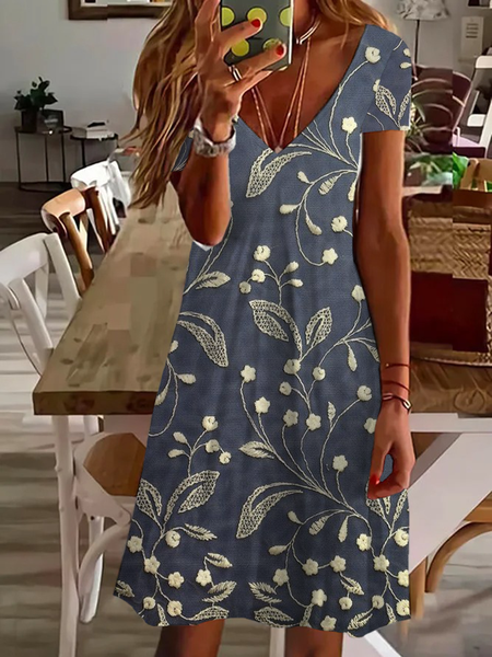 

Women Floral V Neck Short Sleeve Comfy Casual Printing Midi Dress, Purplish blue, Dresses