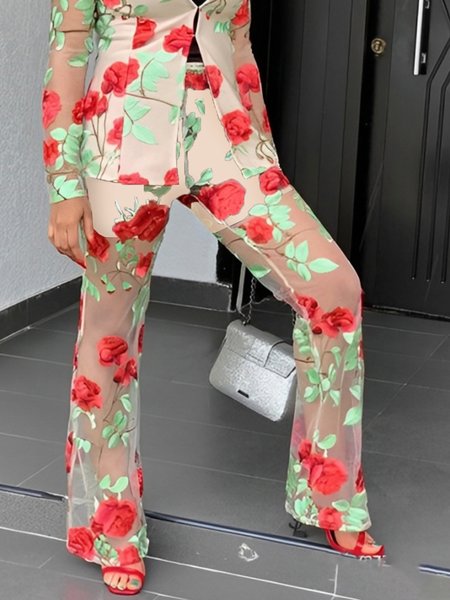 Elegant Floral Embroidery Straight Pants, As picture, Pants
