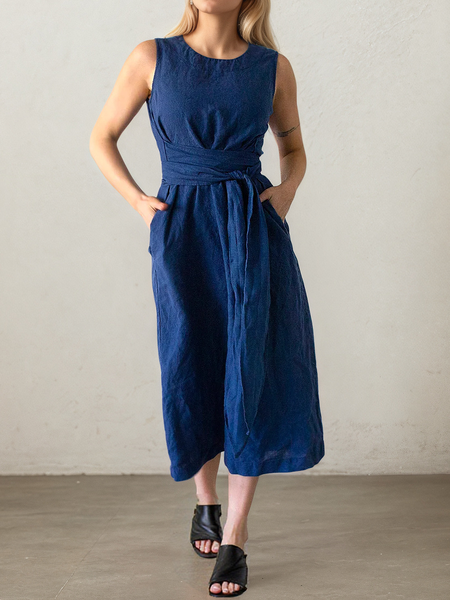 

Vacation Plain Crew Neck linen-cotton Midi Dress, Blue, Maxi Dresses