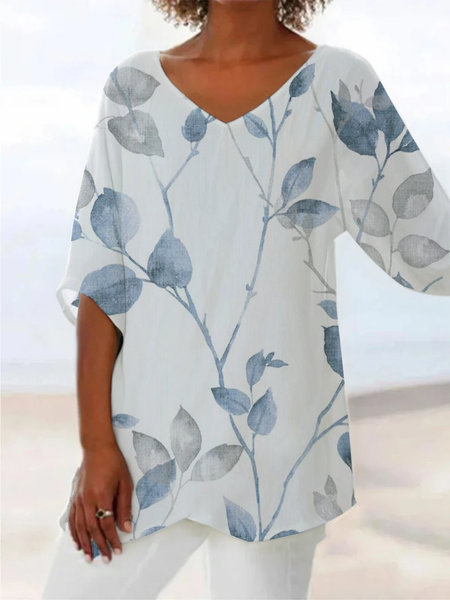 Women Floral Short Sleeve Shirt Summer Printing V Neck Daily Casual Top, White, Blouses