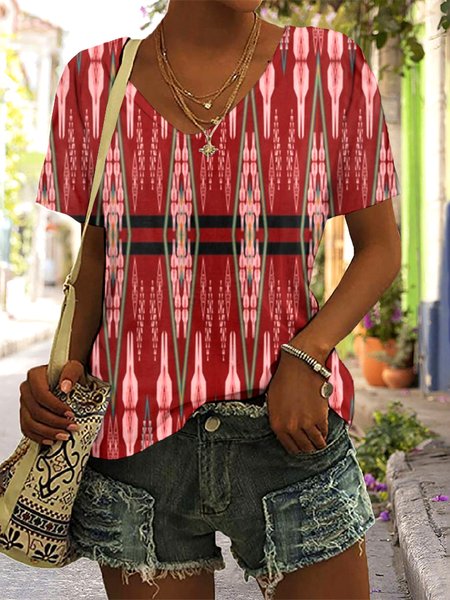 

Casual Floral V Neck Short Sleeve T-shirt, Red, T-shirts