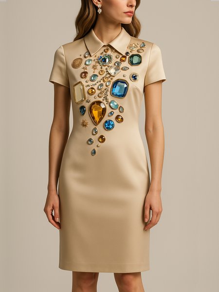 Urban 3D Printing Shirt Collar Knee Length Dress, As picture, Midi Dresses