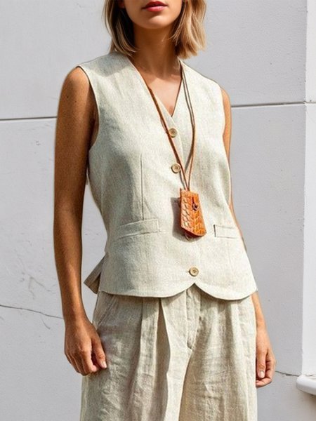 

Urban Cotton And Linen Plain V Neck Vest, As picture, Vests and Gilets