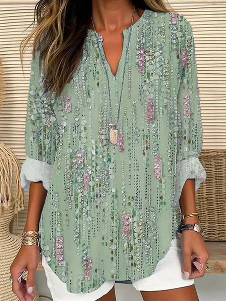 V Neck Long Sleeve Striped Printing Regular Loose Blouse For Women, Green, Blouses