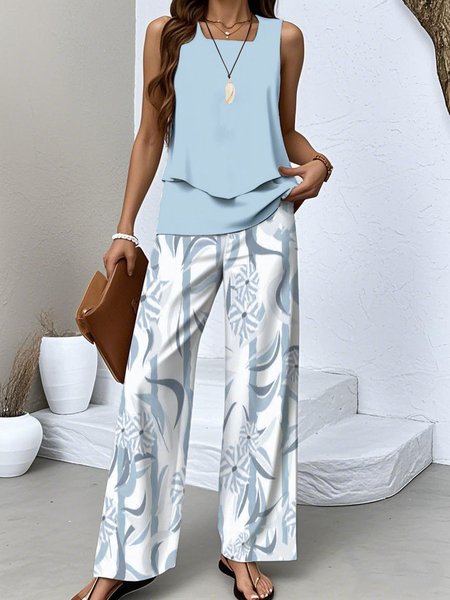 

Women Multicolor Block Two-Piece Set Daily Sleeveless Casual Summer Top With Pants Matching Set, Blue, Sets