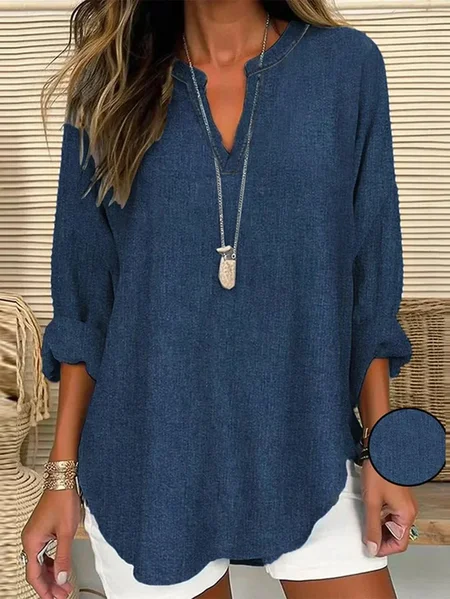 

Women's Spring and Summer Imitation Denim Printed Casual Long Sleeve V-Neck Shirt, Purplish blue, Blouses & Shirts