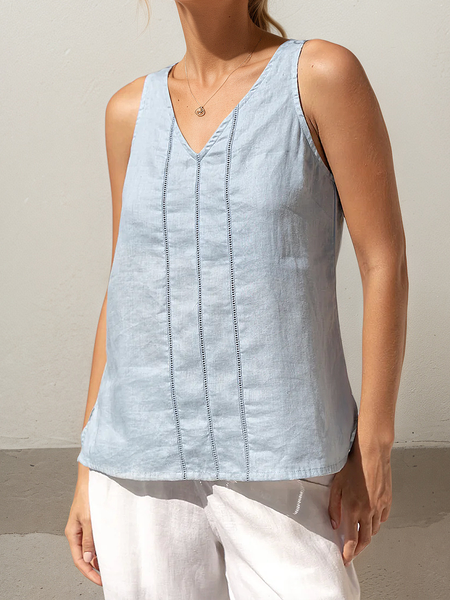 

Linen Casual Plain V Neck linen-cotton Tank Top, Blue, Tank Tops & Camis