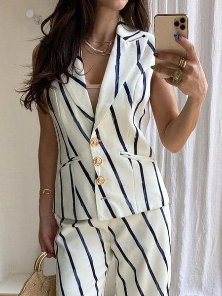 

Urban Printing Striped Lapel Collar Vest, As picture, Vests and Gilets