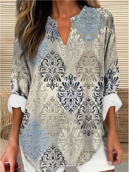 

Women's Blouse Graphic Geometric Vintage Floral Daily Long Sleeve V Neck Tops, Blue, Blouses