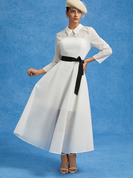 

Elegant Jacquard Maxi Dress with Belt & Suspender Skirt, White, Maxi Dresses