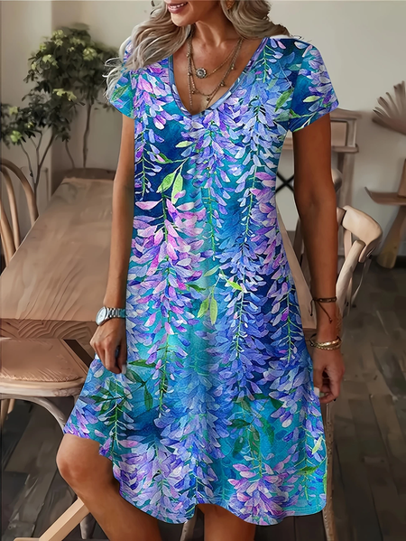Women Floral Short Sleeve Summer Dress V Neck Daily Casual Maxi A-Line Dress, As picture, Dresses