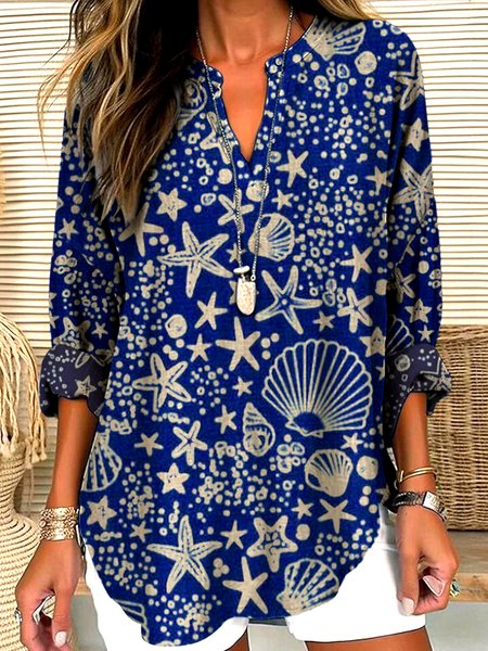 V Neck Long Sleeve Geometric Regular Micro-Elasticity Regular Fit Shirt For Women, Blue, Shirts