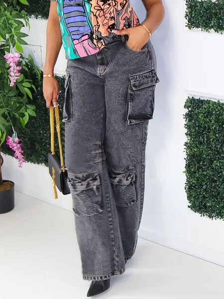 

Casual Denim Pockets Jeans, As picture, Jeans