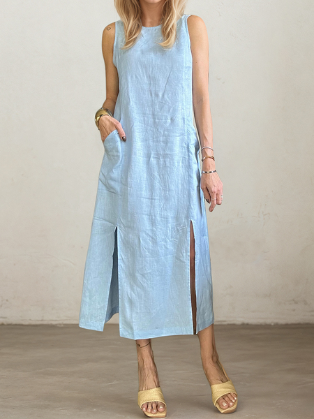 

Casual Plain Slit Crew Neck linen-cotton Maxi Dress, Blue, Maxi Dresses
