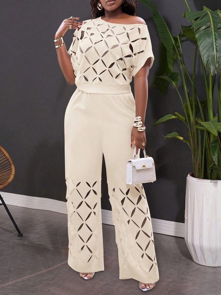 Casual Geometric Hollow Out Fashion Pants, Apricot, Pants