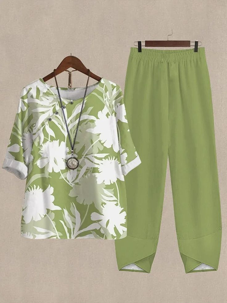 

Women's Printing Floral Daily Going Out Two-Piece Set Green Casual Summer Top With Pants Matching Set, Suits