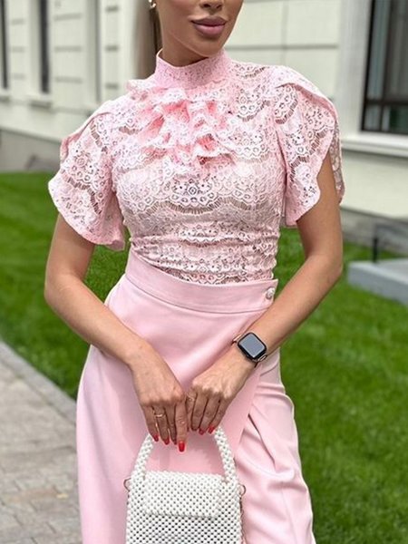 

Elegant Plain Peplum Stand Collar Petal Sleeve Blouse, Pink, Blouses and Shirts
