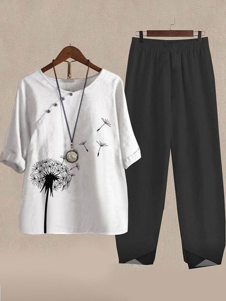 

Women Floral Printing Two-Piece Set Daily Half Sleeve Casual Summer Top With Pants Matching Set, Black-white, Suit Set