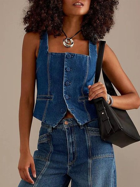 

Urban Plain Spaghetti Denim Vest, Blue, Vests and Gilets