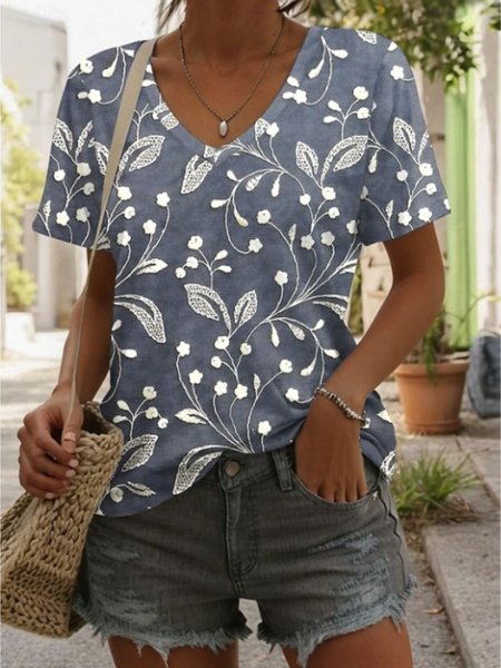 

Casual Floral Print Crew Neck Short Sleeve T-shirt, Purplish blue, T-shirts