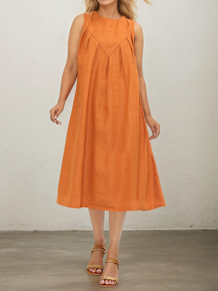

Vacation Plain linen-cotton Crew Neck Midi Dress, Orange, Maxi Dresses