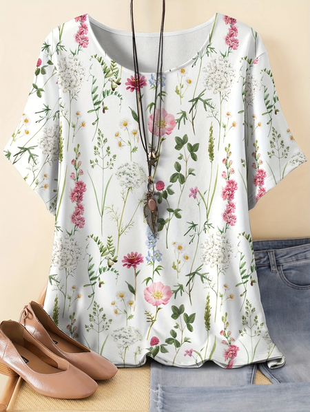 

Vintage Floral Crew Neck Three Quarter Sleeve T-shirt, As picture, T-shirts