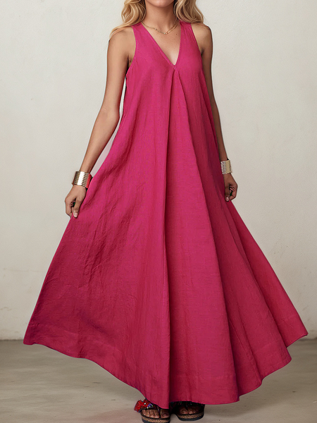 Vacation Plain V Neck linen-cotton Maxi Dress, Rose red, Maxi Dresses
