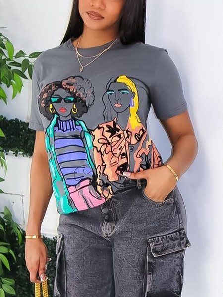 

Casual Face Printing Crew Neck Short Sleeve T-shirt, Gray, Tees