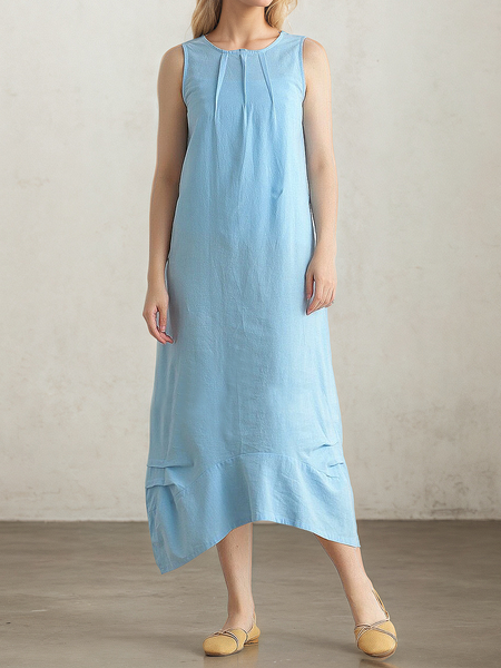 

Casual Plain linen-cotton Crew Neck Maxi Dress, Blue, Maxi Dresses