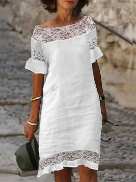 

Casual Plain Split Joint Crew Neck Knee Length Dress, White, Dresses