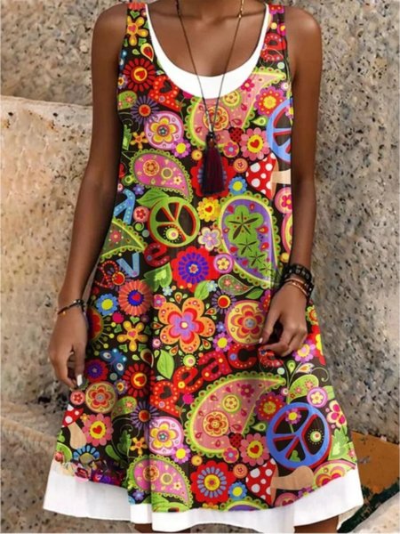 

Women Boho Sundress Floral Crew Neck Sleeveless Comfy Casual Midi Dress, Red, Dresses