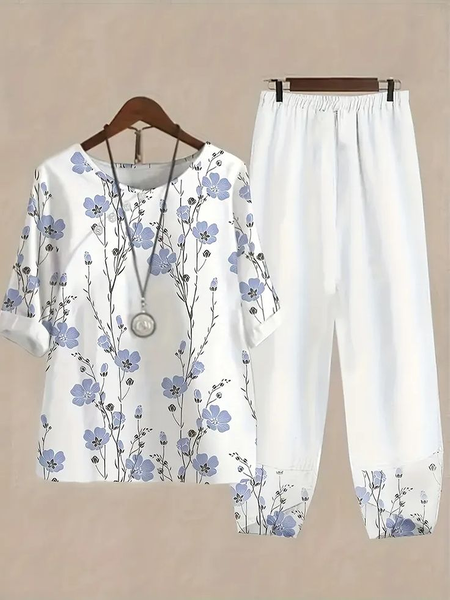 

Women's Printing Floral Daily Going Out Two-Piece Set White Casual Summer Top With Pants Matching Set, Suits