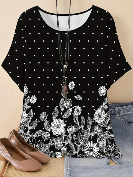 

Vintage Polka Dots Crew Neck Three Quarter Sleeve T-shirt, As picture, T-shirts