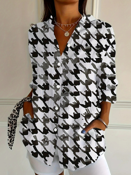 

Shirt Collar Long Sleeve Houndstooth Regular Micro-Elasticity Regular Fit Shirt For Women, Black, Blouses