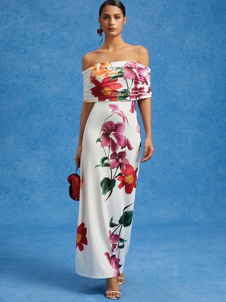 Vacation Off-Shoulder Floral Print Maxi Dress, As picture, Maxi Dresses