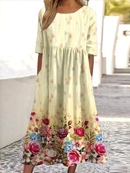 

Women Floral Crew Neck Short Sleeve Comfy Casual Maxi Dress, Apricot, Maxi