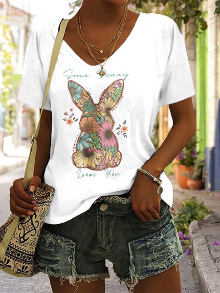 

Casual Floral V Neck Short Sleeve T-shirt, White, T-shirts