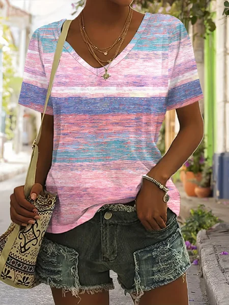 

Casual Striped V Neck Short Sleeve T-shirt, As picture, T-shirts