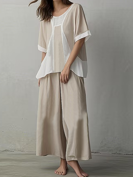 

Casual Color Block Crew Neck linen-cotton Two-Piece Set, As picture, Suits