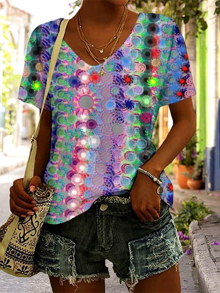 

Casual Floral V Neck Short Sleeve T-shirt, Green, T-shirts