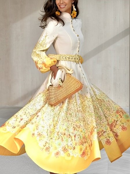 Elegant Floral Balloon Sleeve Printing Stand Collar Maxi Dress With Belt, Yellow, Maxi Dresses