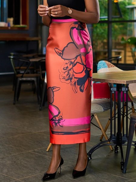 Elegant Printing Floral Maxi Skirt, As picture, Skirts