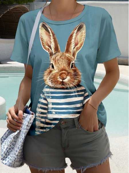 Casual Animal Rabbit Print Crew Neck Short Sleeve T-shirt, Blue, T-shirts