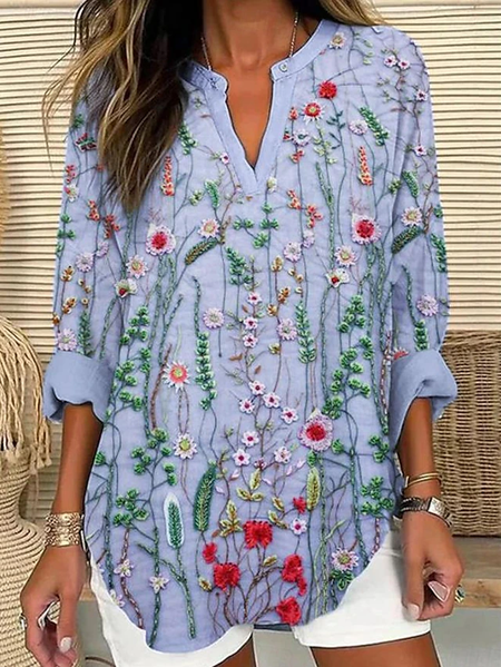 

Women Floral Long Sleeve Blouse Spring/Fall Printing V Neck Daily Casual Top, Gray, Shirts